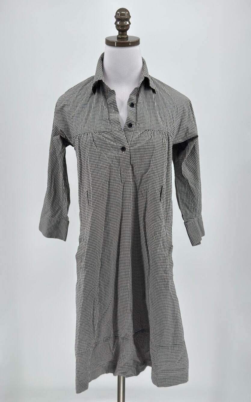 Theory Black Gray Gingham Plaid Panel Front 3/4 Sleeve Shirt Dress Sz 2
